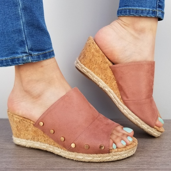 Shoes - Suede Slip On Cork and Espadrille Wedge Sandal-D